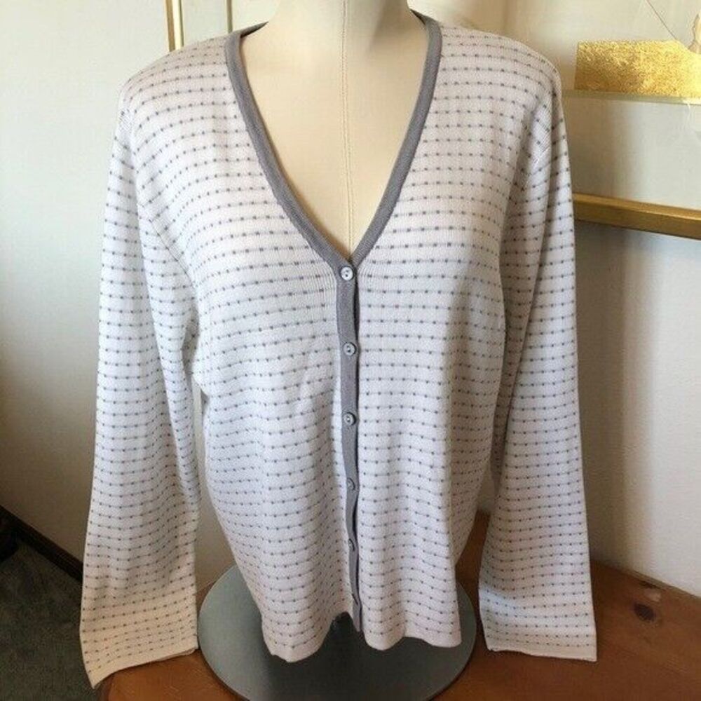 Sigrid Olsen Sport Womens Large White Gray Long Sleeve V-Neck Button Up Cartigan